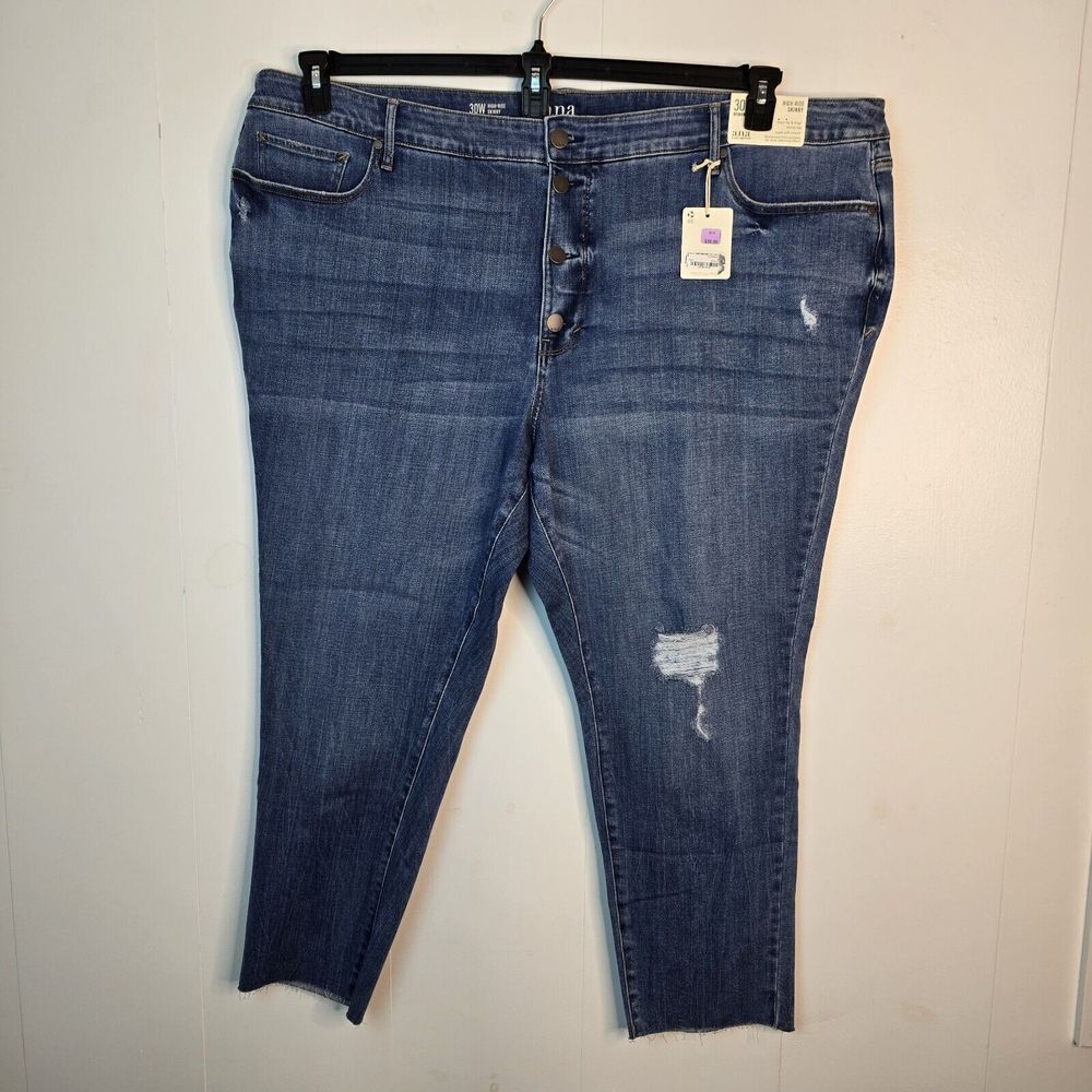ANA  Woman Jeans Size 30W Distressed High Rise Straight‎ Button Fly Cut Off NWT